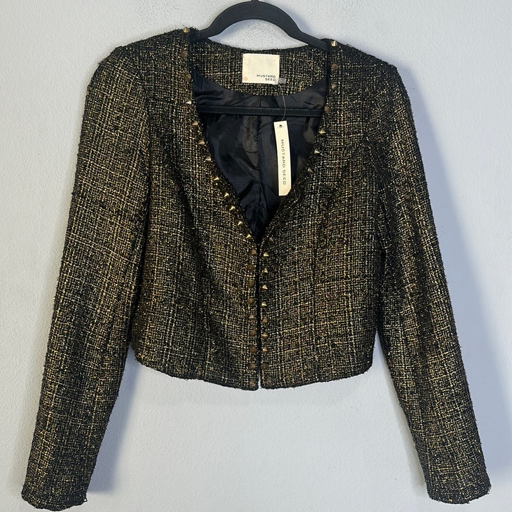 New Mustard seed studded gold black tweed blazer S